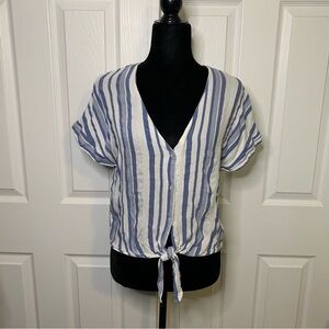 Vixbe Striped Blue & White Tie Front V-Neck Top